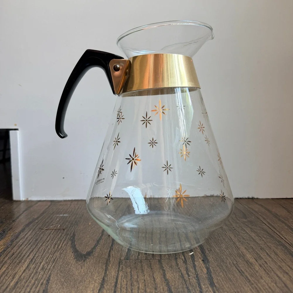 Vintage Pyrex Golden Starburst 10 Cup Glass Carafe MCM Atomic Gold Coffee Server